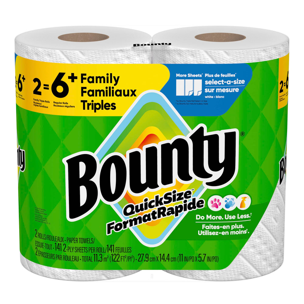 Bounty product label close-up highlighting pack count and brand info