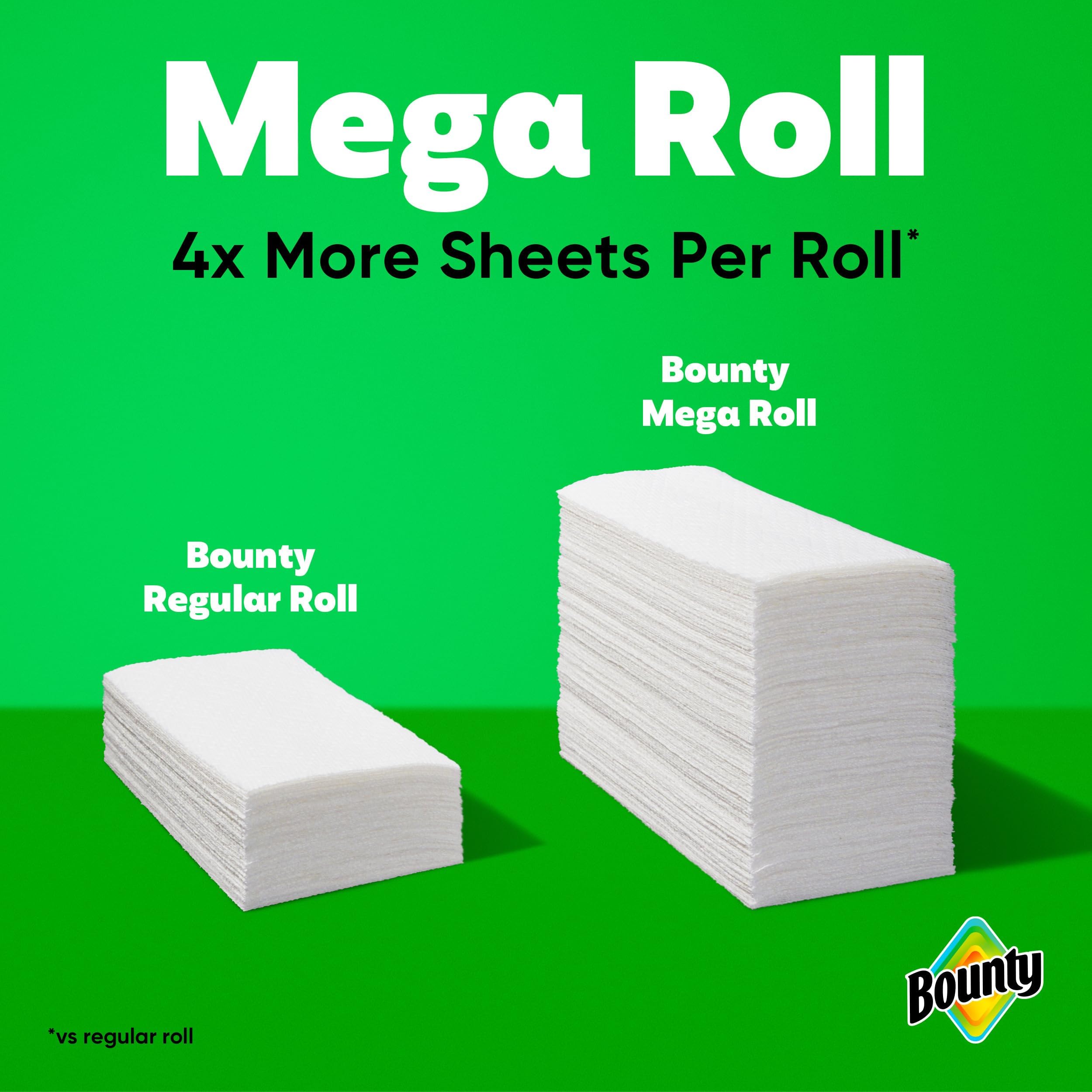 Bounty mega roll beside regular roll illustrating longer lasting supply