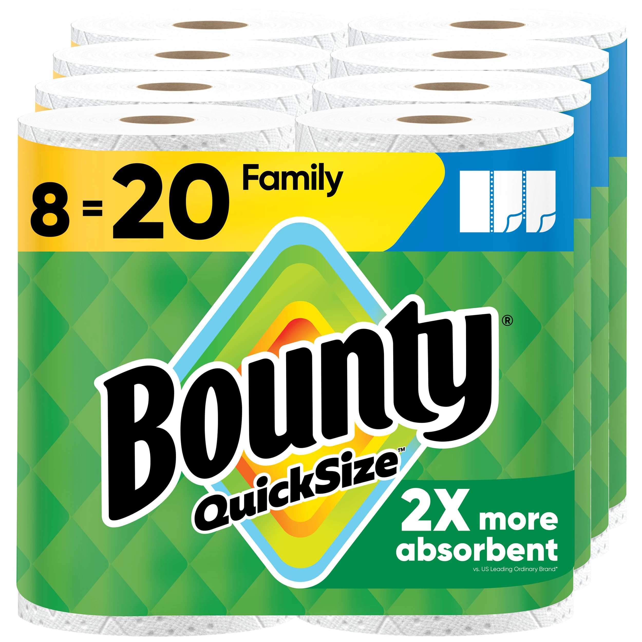 Bounty front packaging showing 8 family rolls and bulk value benefit