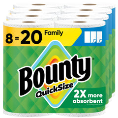 Bounty front packaging showing 8 family rolls and bulk value benefit