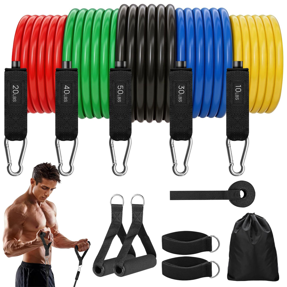 Bourid front packaging showing five resistance bands and handles for versatile workouts