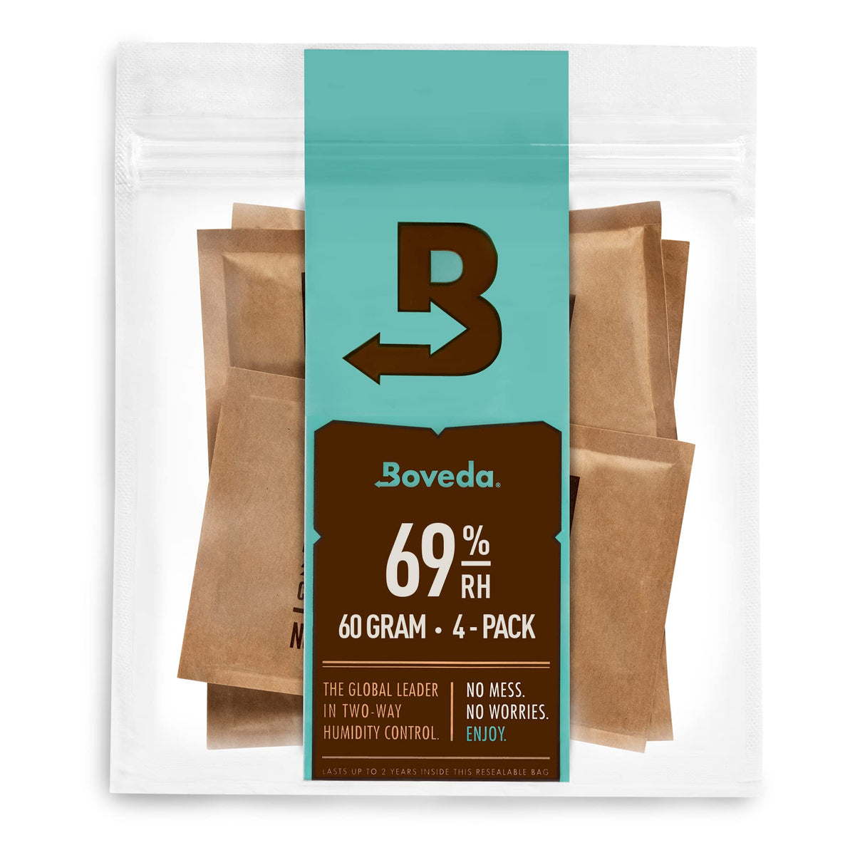 Boveda Size 60 front packaging showing four individually wrapped 69% RH packs and convenience