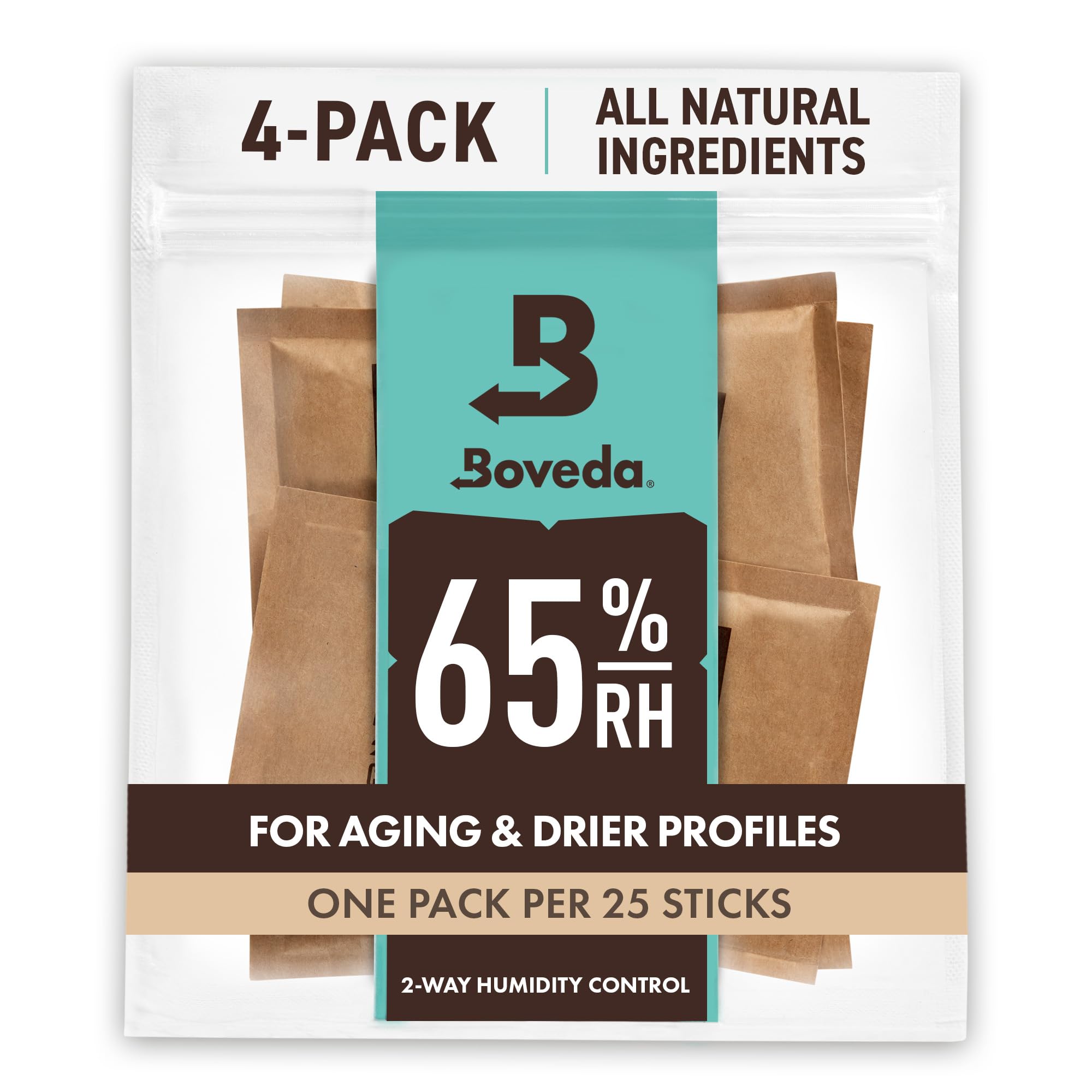 boveda front packaging showing Size 60 4‑pack and clear benefit of stable humidity