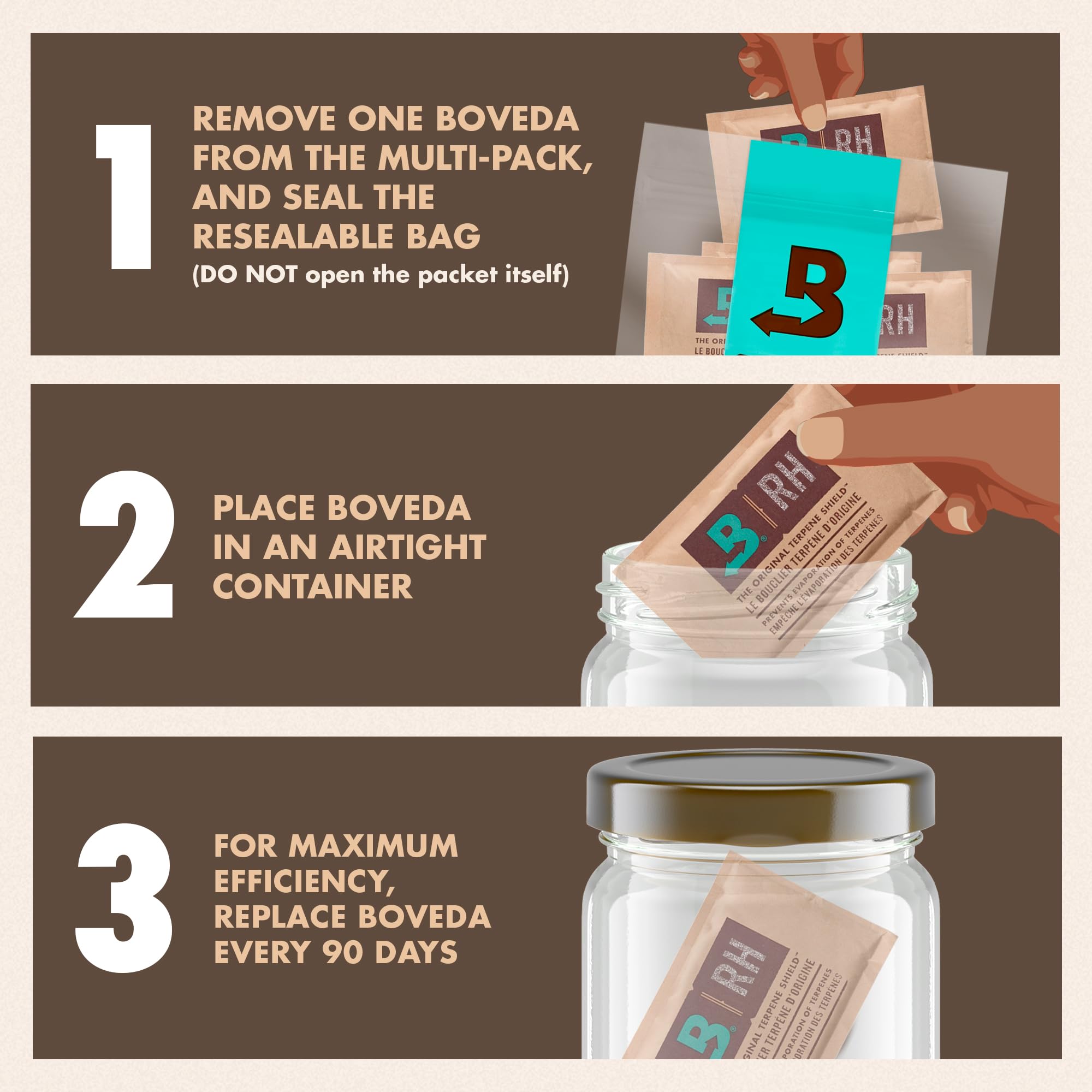 Boveda Size 67 pack beside a scale illustrating protection for up to one pound and size comparison