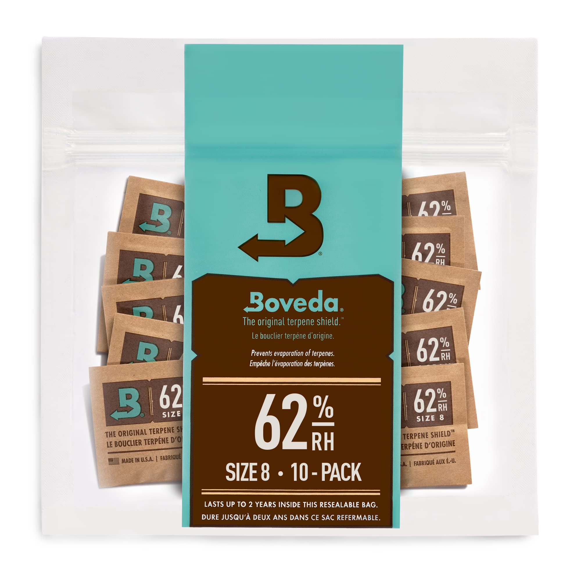 Boveda Size 8 front packet showing compact humidity protection benefit