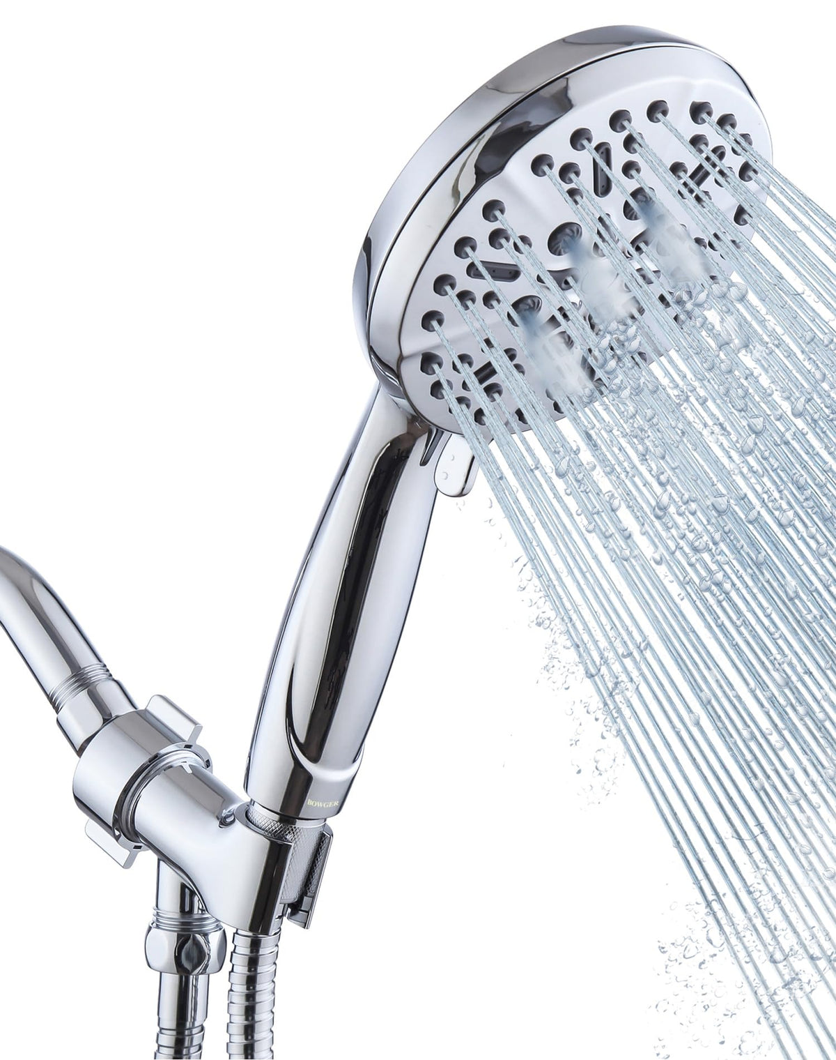 BOWGER showerhead front view showing full-body coverage benefit