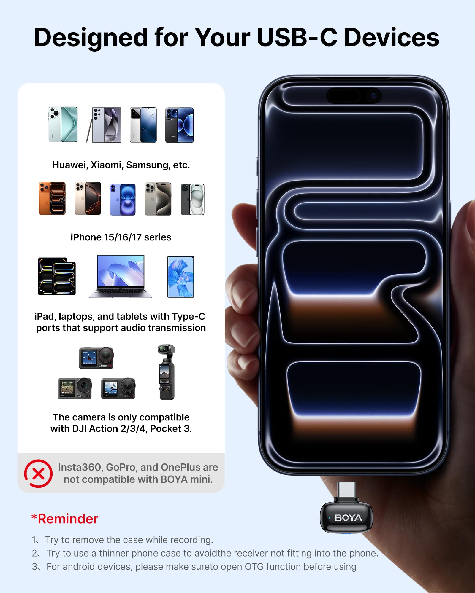 BOYA mini 2 charging case open highlighting extended battery benefit