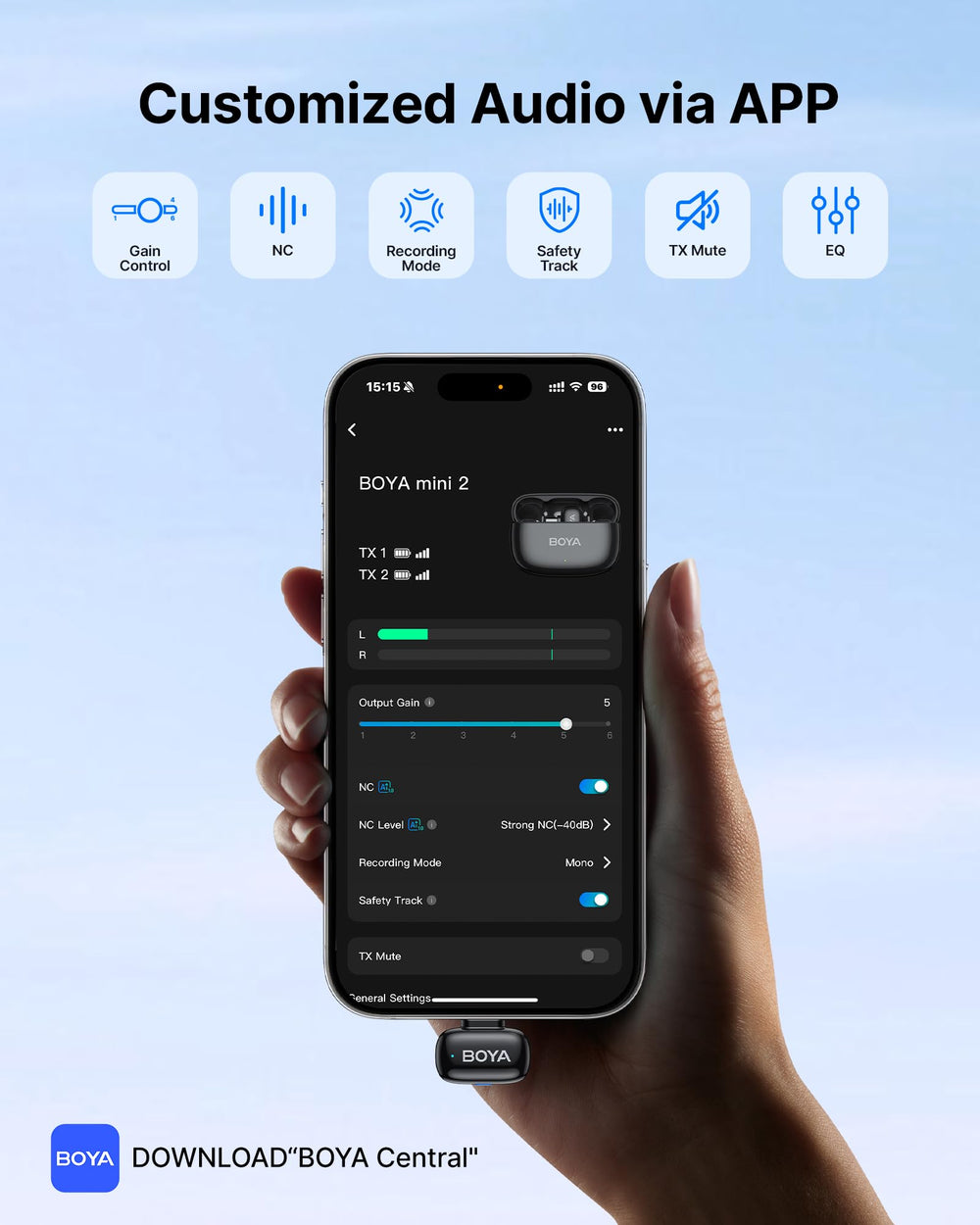 BOYA mini 2 app screen on phone showing easy control benefit