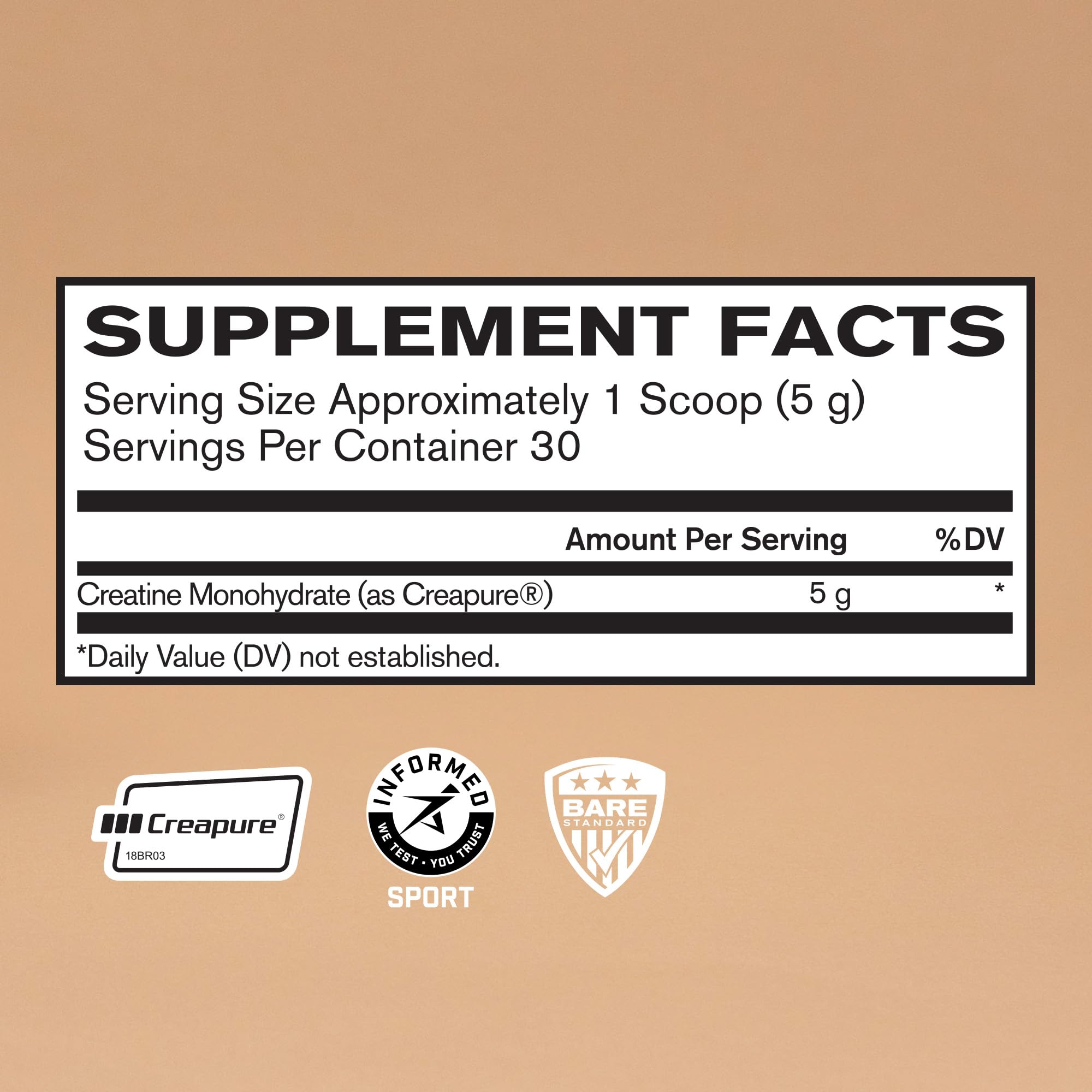BARE PERFORMANCE NUTRITION scoop with powdered Creapure emphasizing measured 5g servings