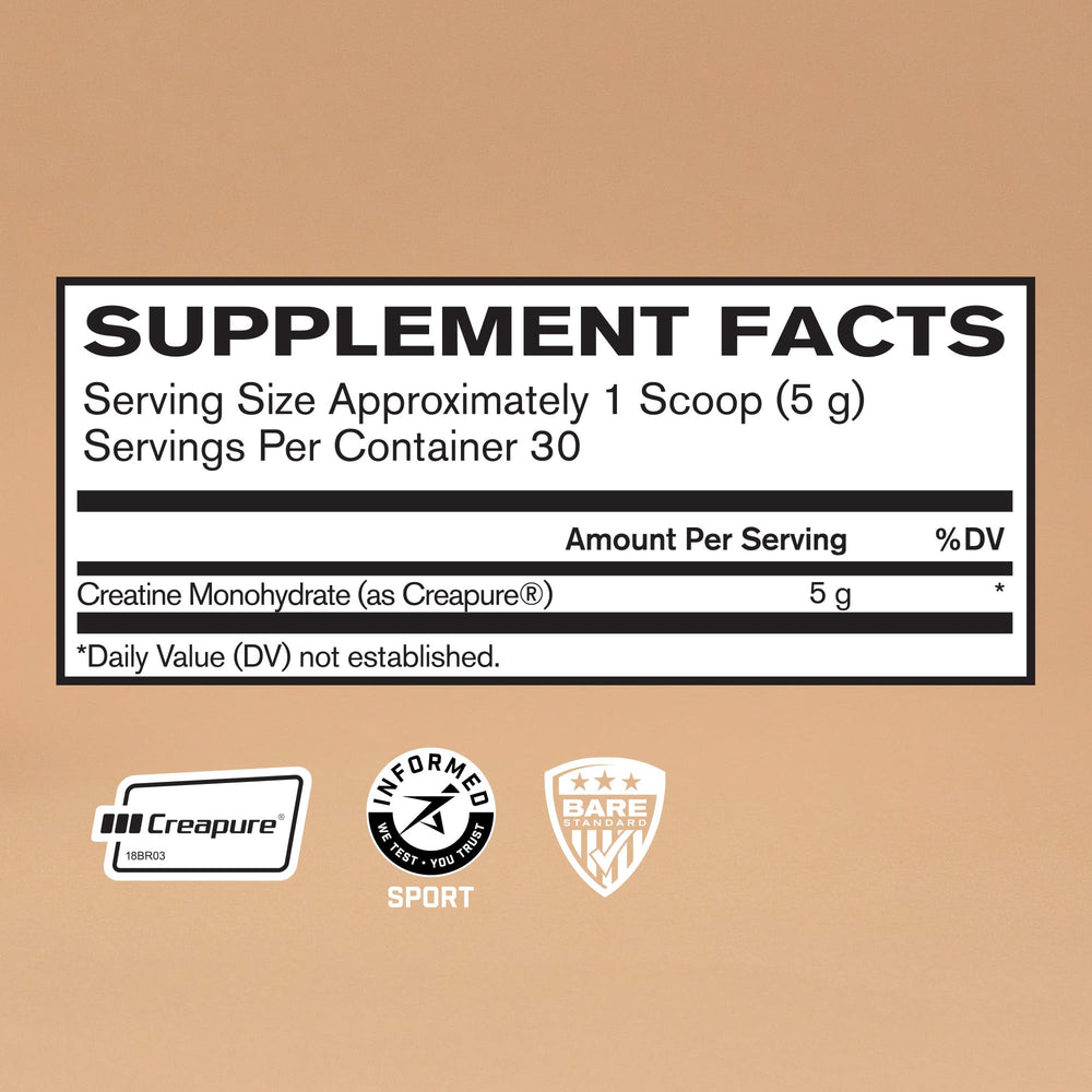 BARE PERFORMANCE NUTRITION scoop with powdered Creapure emphasizing measured 5g servings
