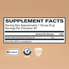 BARE PERFORMANCE NUTRITION scoop with powdered Creapure emphasizing measured 5g servings