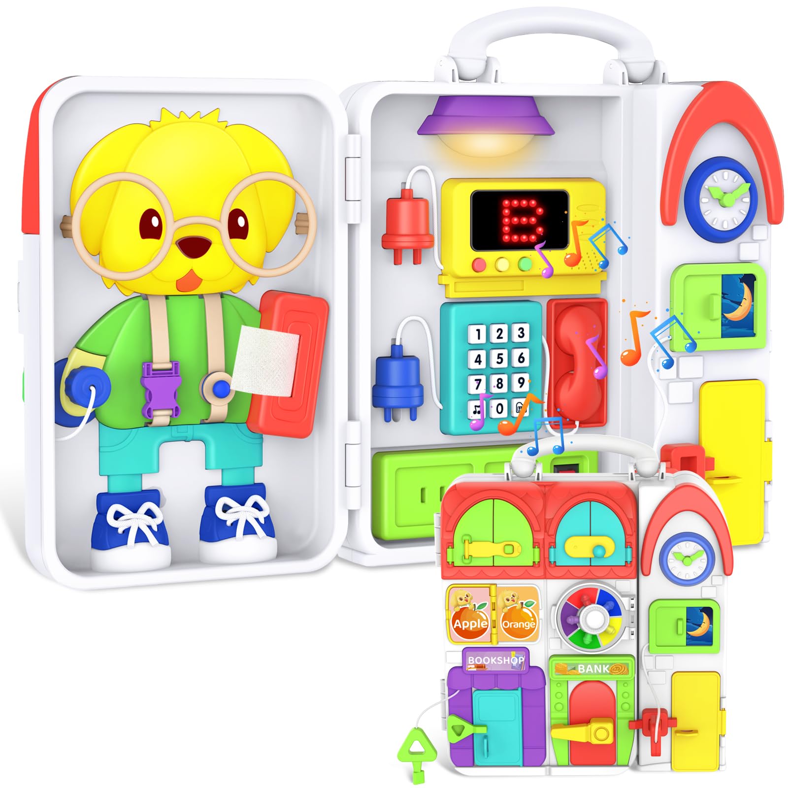 BQU busy board front view showing colorful buttons and educational layout benefit focus