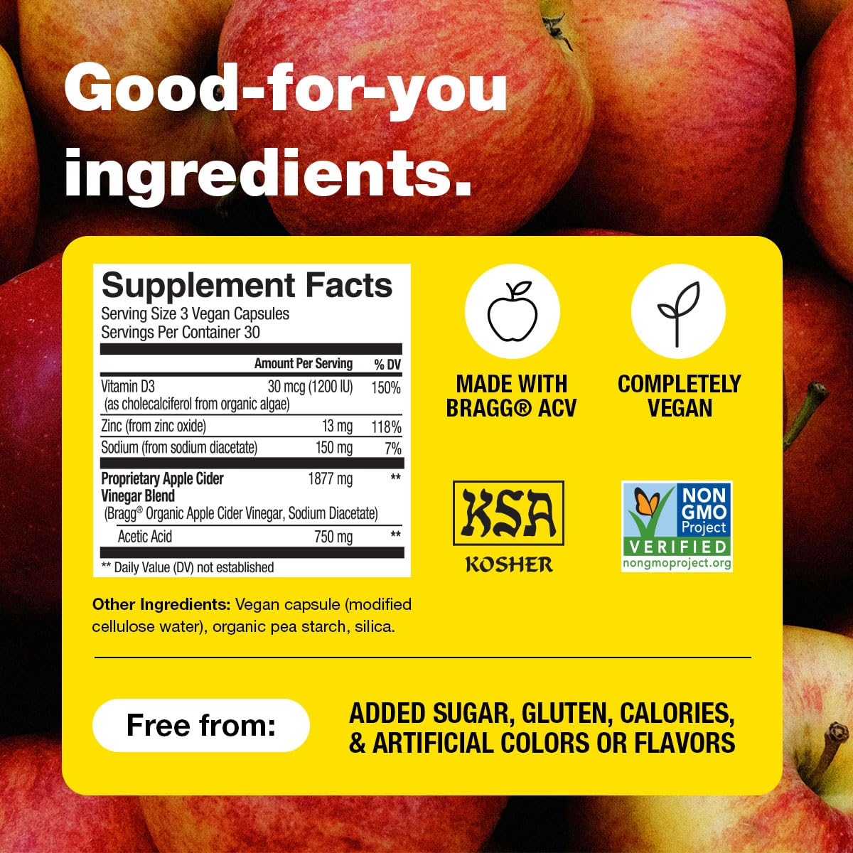 Bragg label detail showing ingredients list and nutrient highlights