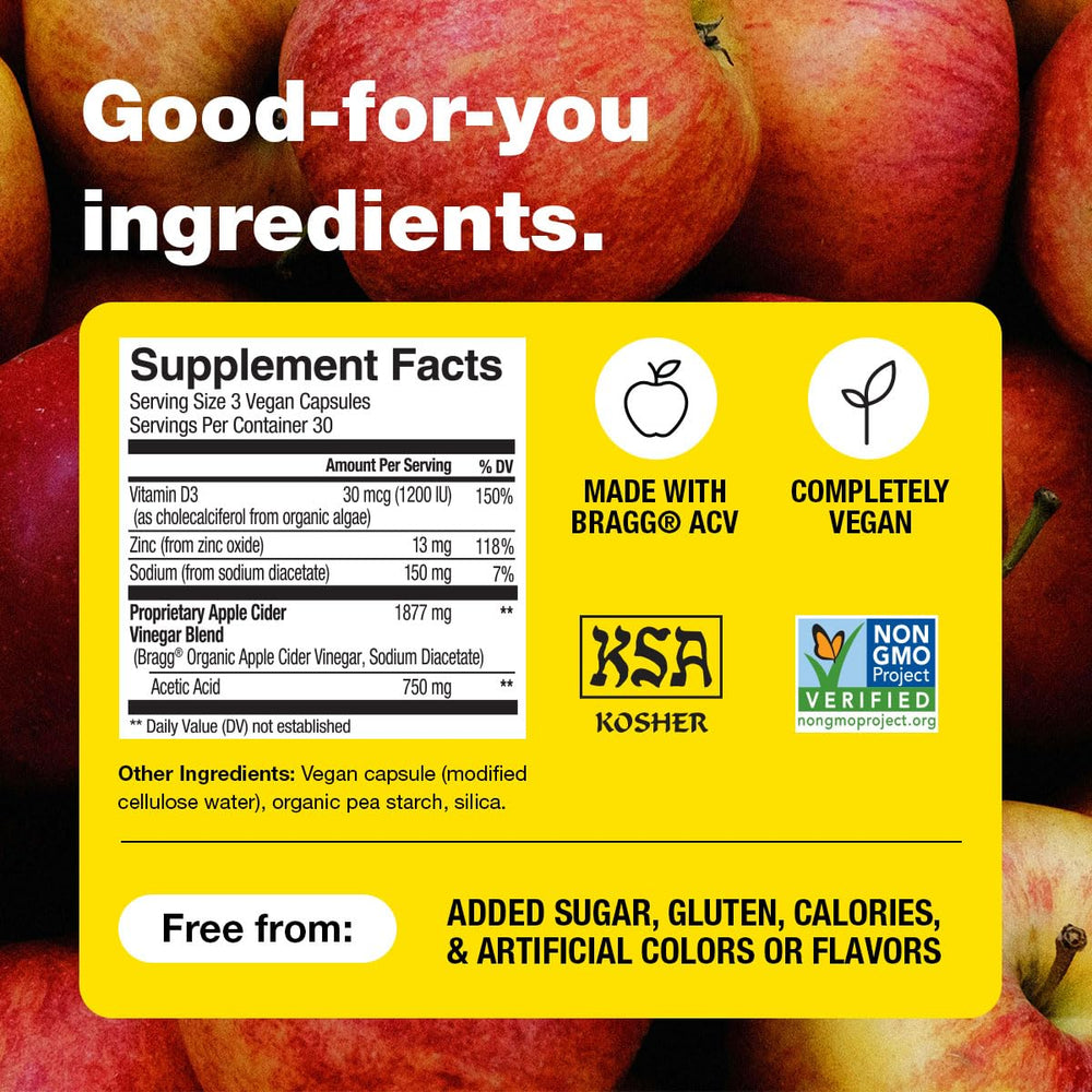 Bragg label detail showing ingredients list and nutrient highlights