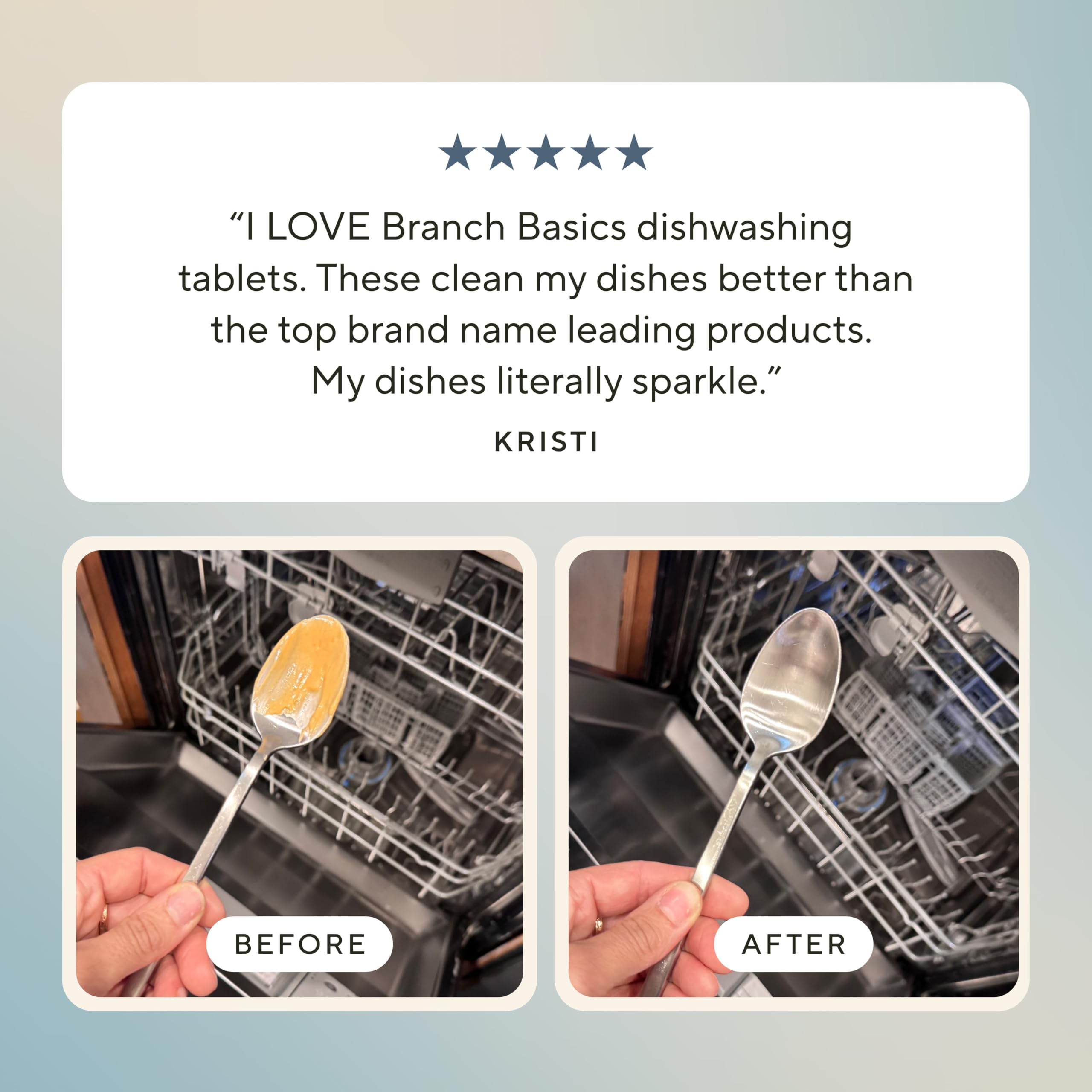 Branch Basics tablets on a kitchen counter with clean dishes showing eco-friendly results