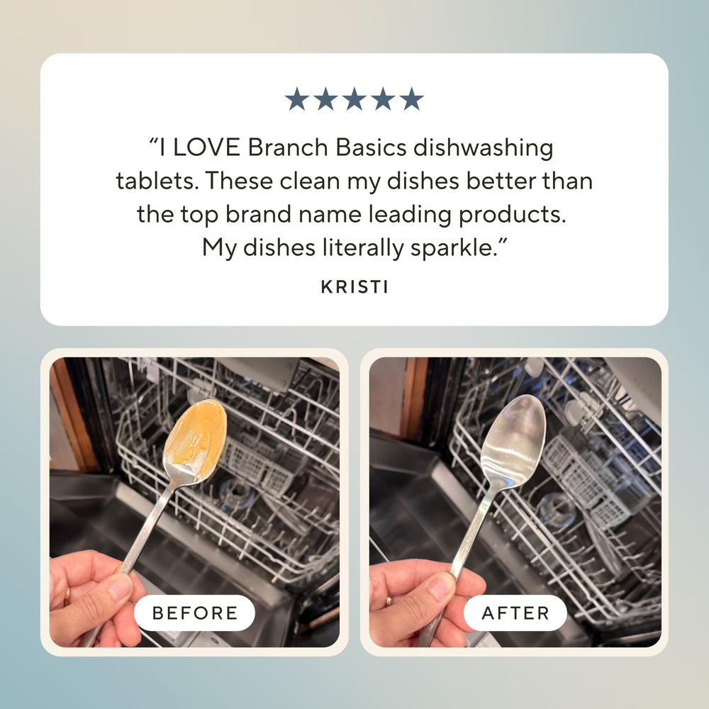 Branch Basics tablets on a kitchen counter with clean dishes showing eco-friendly results