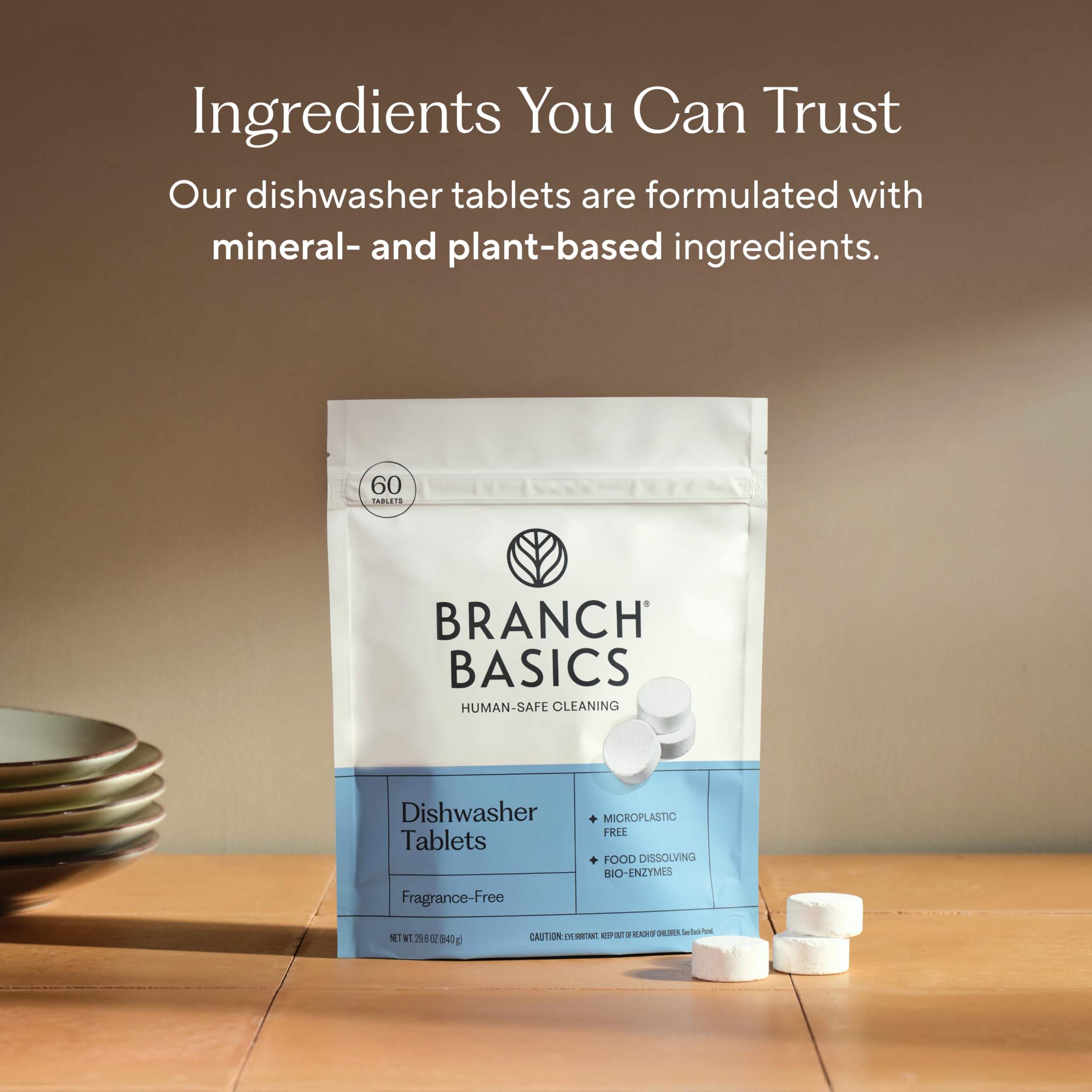 Branch Basics tablet dissolving in water demonstrating quick breakdown and no plastic residue