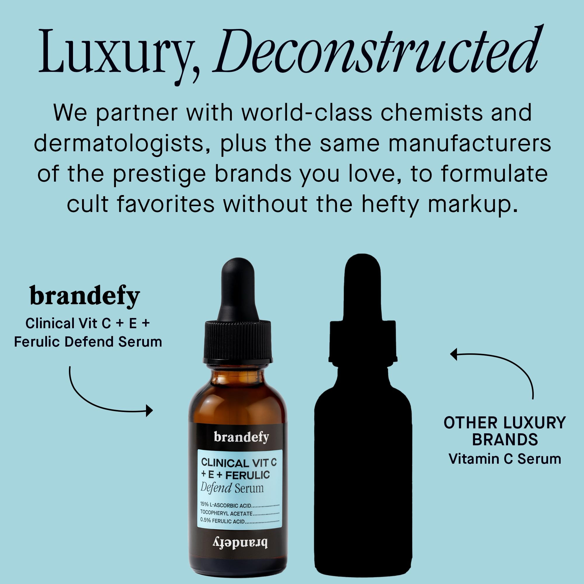 Brandefy ingredient label showing L-ascorbic acid, ferulic acid and vitamin E for potency