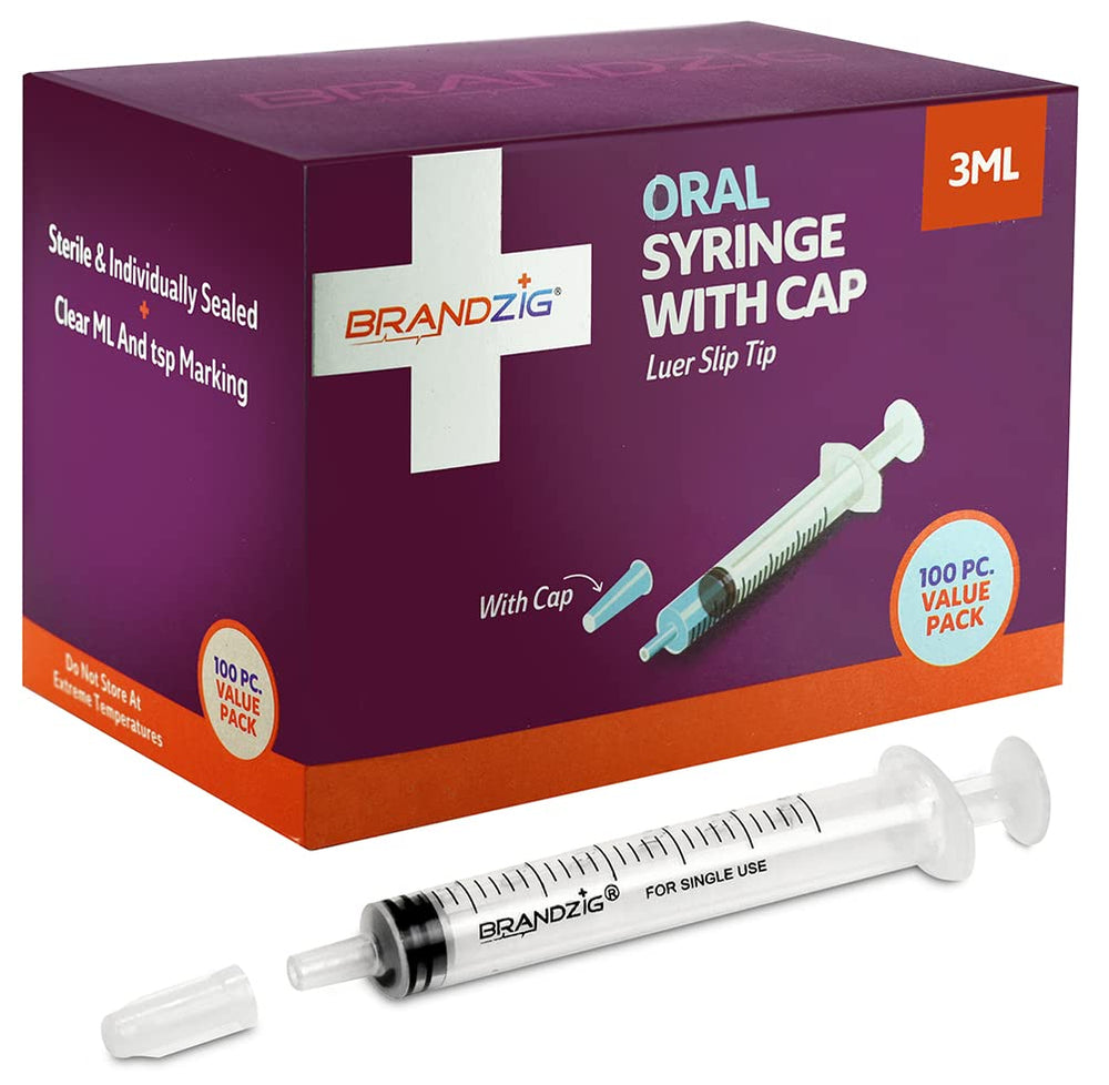 BRANDZIG front-packaging showing 100 individually wrapped 3ml syringes and cap for convenient storage and hygiene