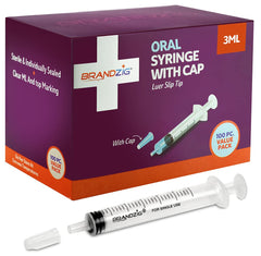 BRANDZIG front-packaging showing 100 individually wrapped 3ml syringes and cap for convenient storage and hygiene