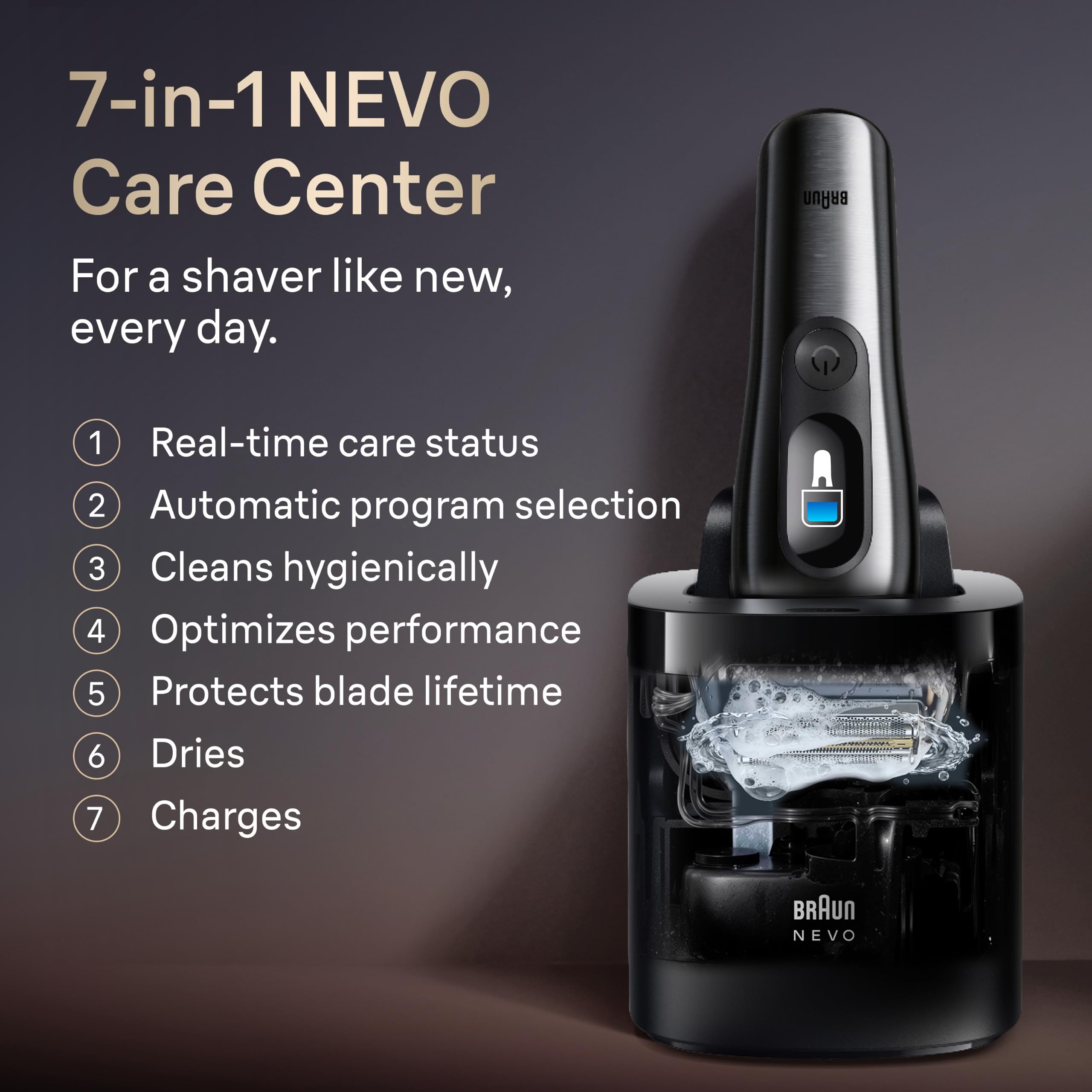 Braun NEVO 7‑in‑1 care system unit displayed benefit: automatic cleaning and charging