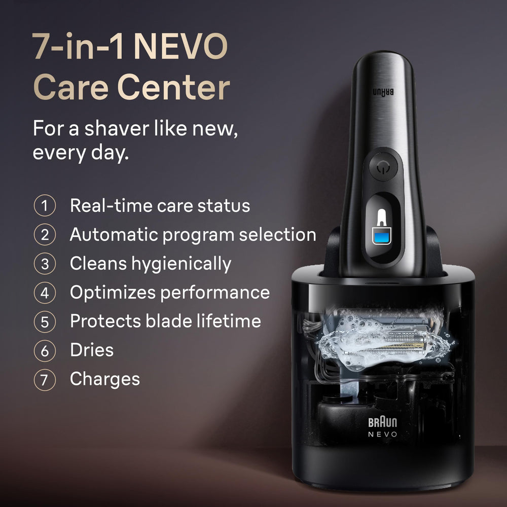 Braun NEVO 7‑in‑1 care system unit displayed benefit: automatic cleaning and charging