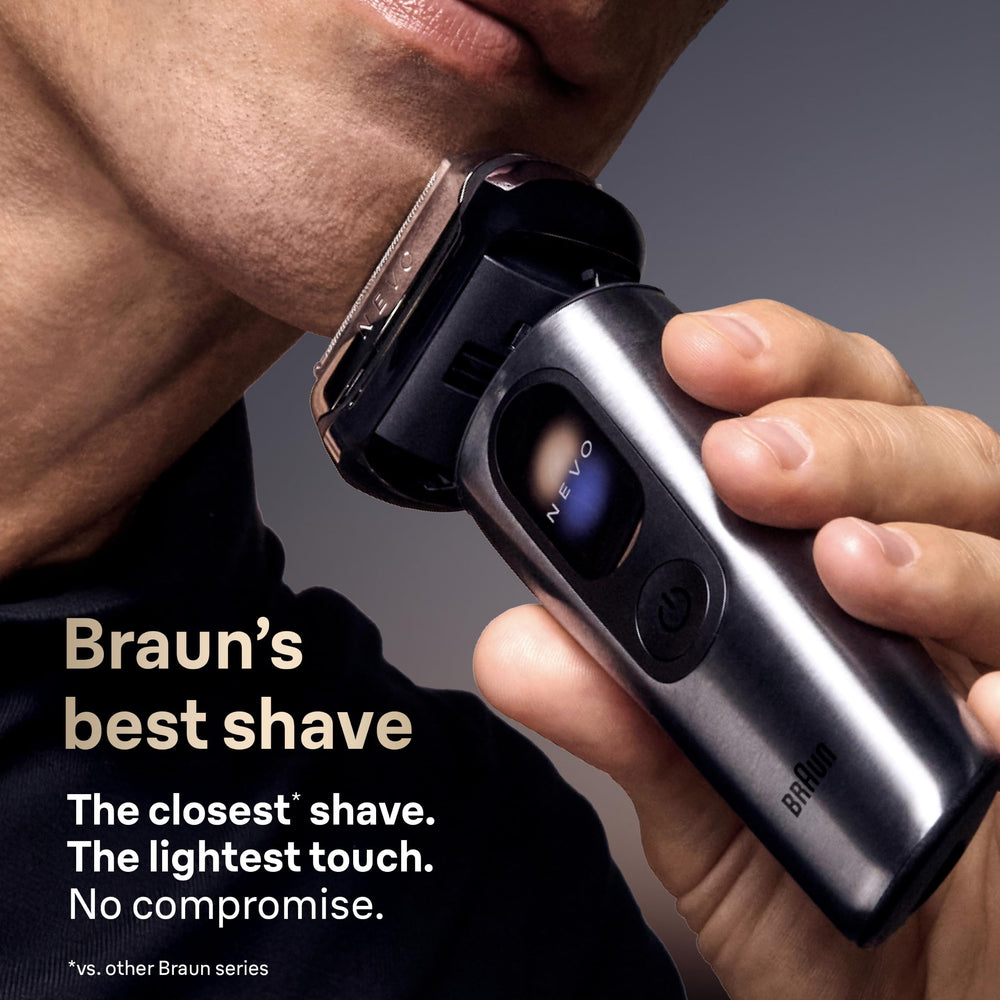 Braun NEVO foil closeup highlighting AeroTouch foil benefit: reduced skin friction