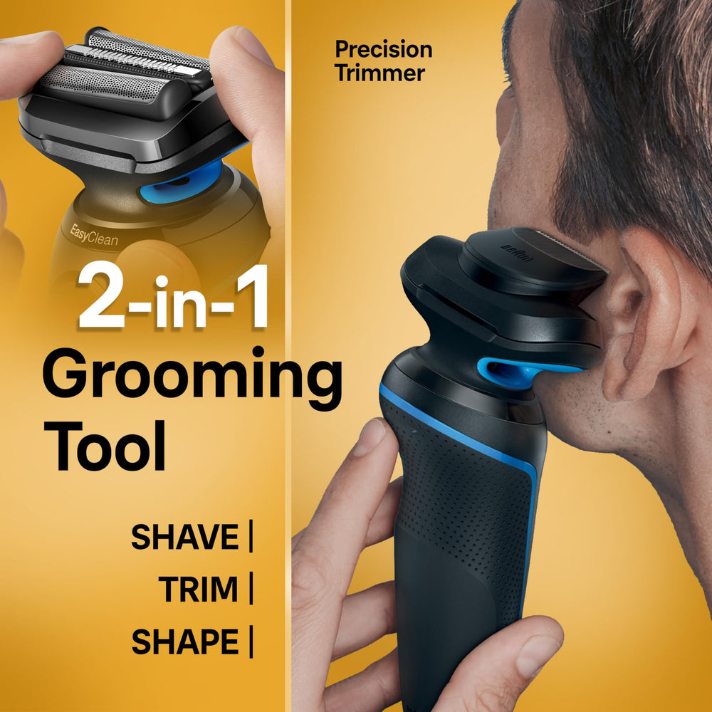Box contents laid out showing Braun included trimmer and brush benefits