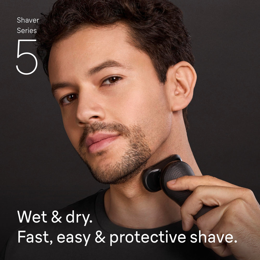 Braun Series 5 on charging stand for neat storage and ready-to-go power