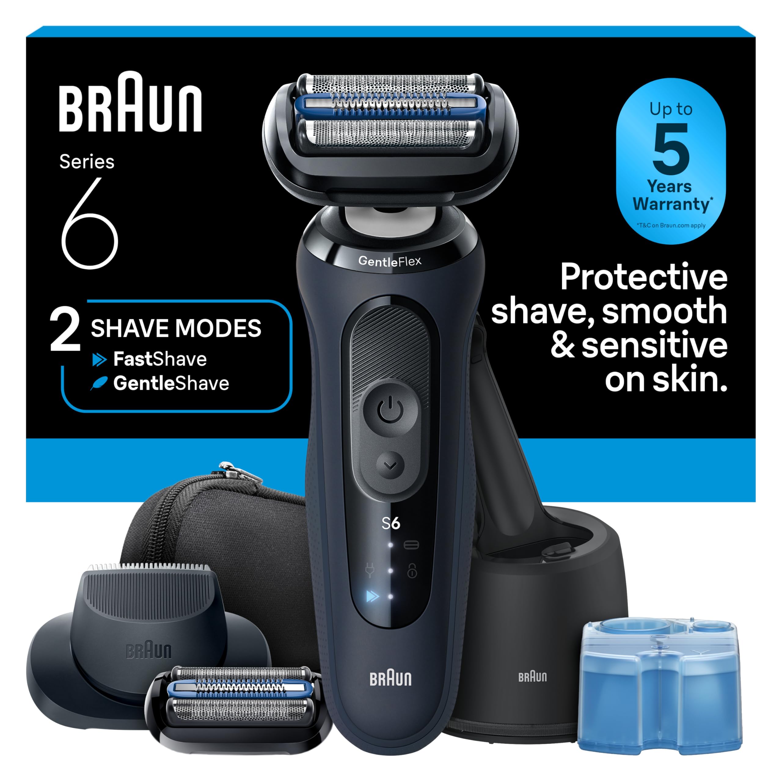 Braun Series 6 front view showing dark blue shaver and ergonomic shape for comfortable hold