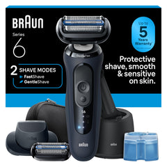Braun Series 6 front view showing dark blue shaver and ergonomic shape for comfortable hold