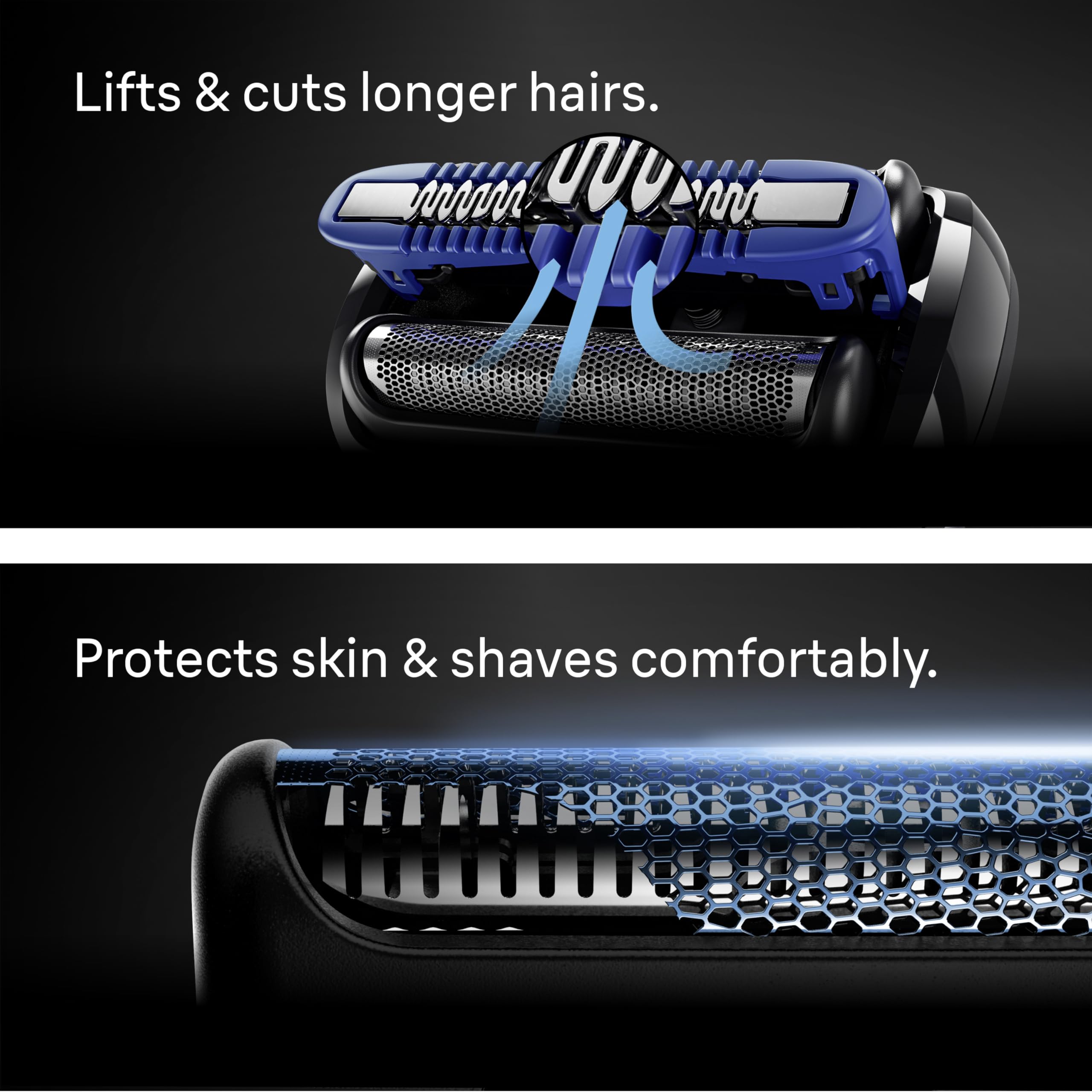 Braun SmoothShave blade closeup showing design to capture longer and flat-lying hairs