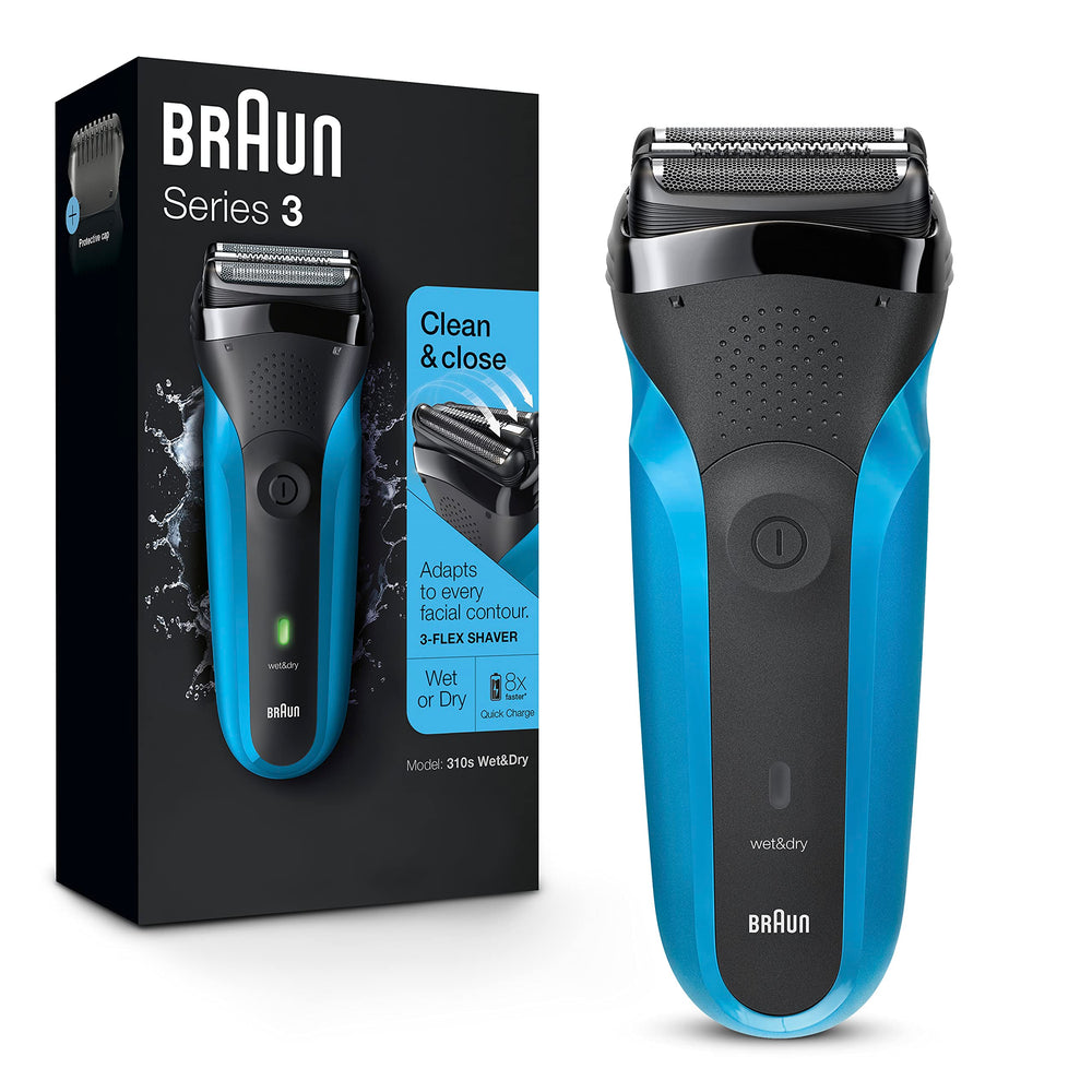 Braun Series 3 front view showing blue casing and ergonomic grip benefit quick handling