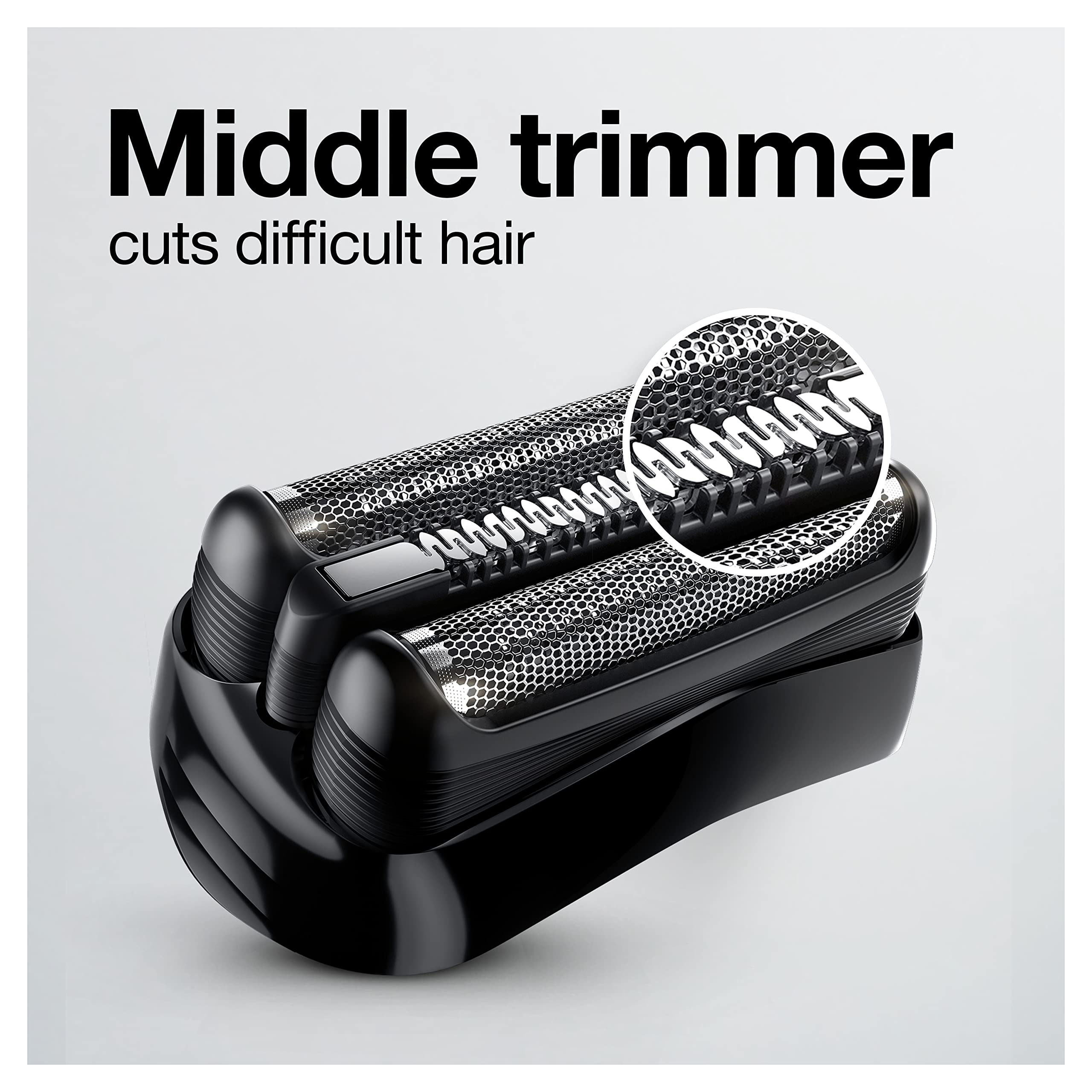 Braun Series 3 middle trimmer close-up capturing longer hairs for a tidy finish