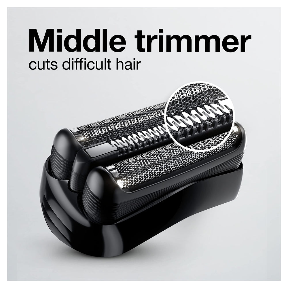 Braun Series 3 middle trimmer close-up capturing longer hairs for a tidy finish