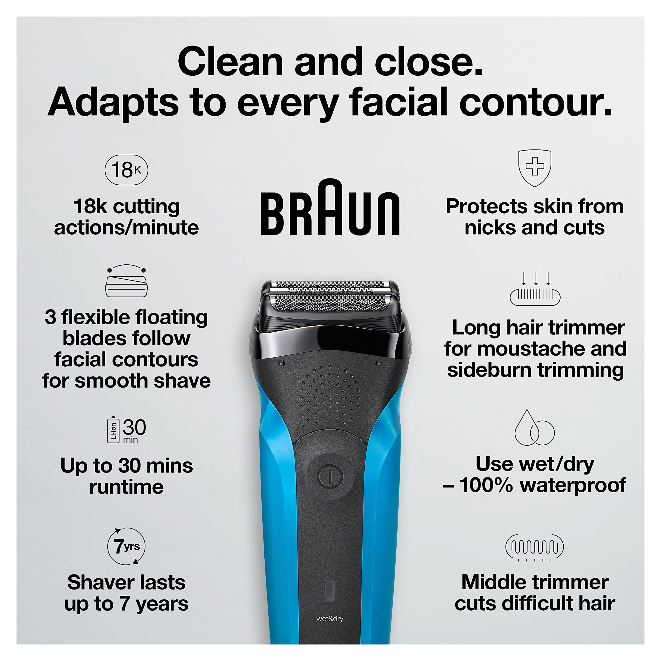 Braun Series 3 super thin head close-up showing design that accesses tight spots