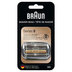 Braun Series 9 92S front view showing sleek silver head and fit for a precise shave