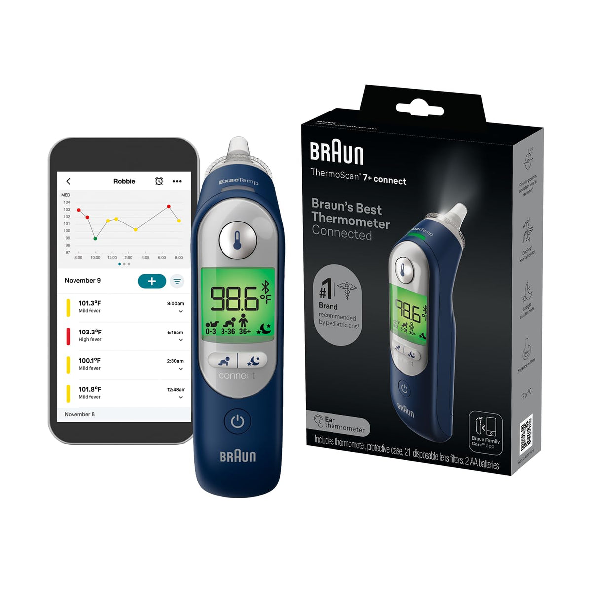 Braun ThermoScan 7+ front view showing clear display and compact shape for easy use