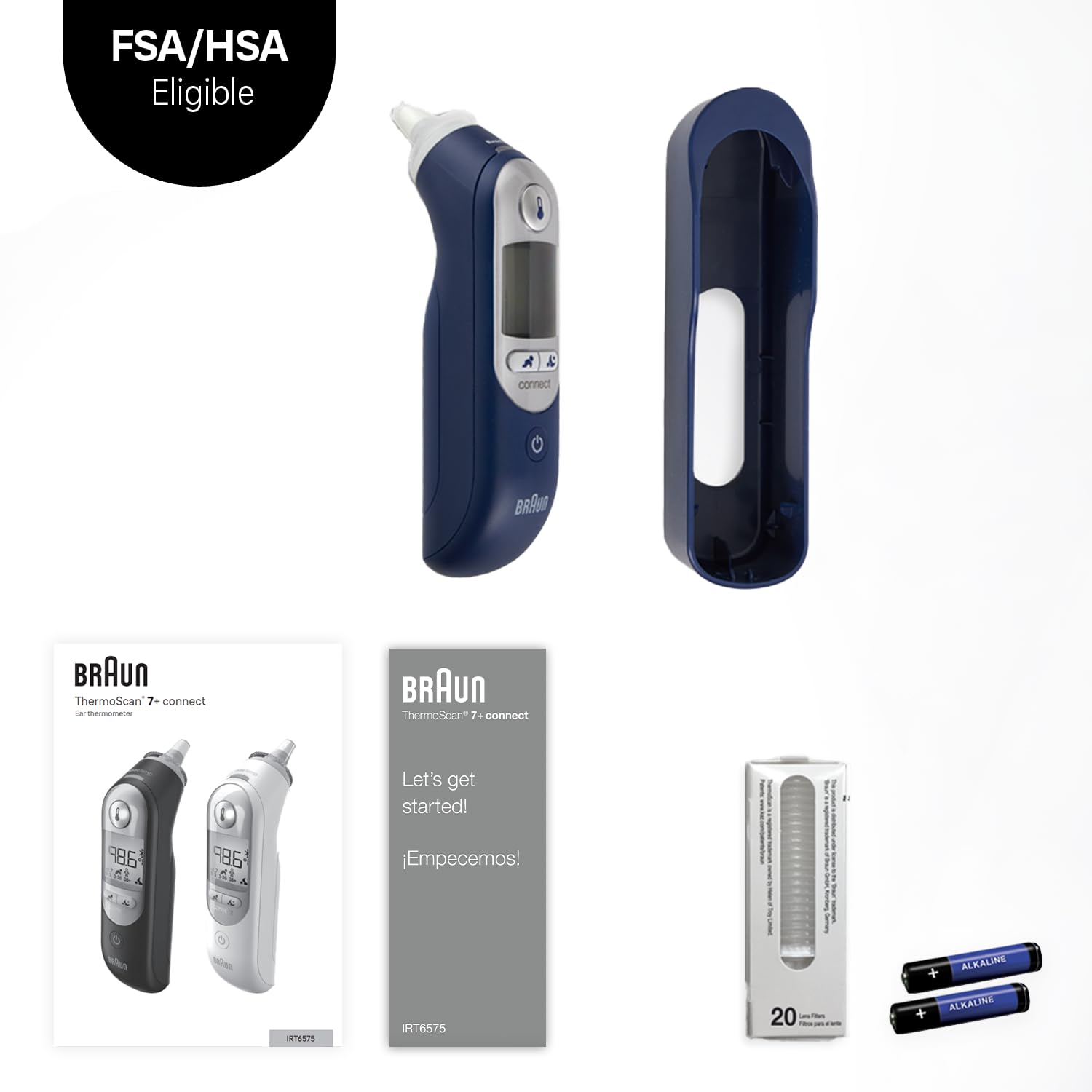 Braun thermometer next to adult hand showing compact size and portable benefit