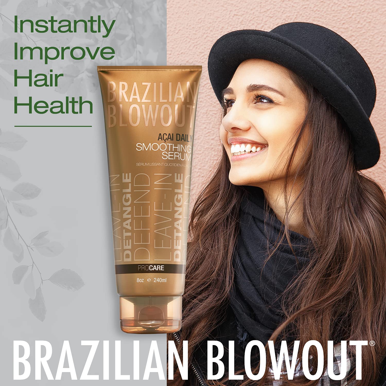 BRAZILIAN BLOWOUT bottle in hand for scale, communicates travel-friendly convenience