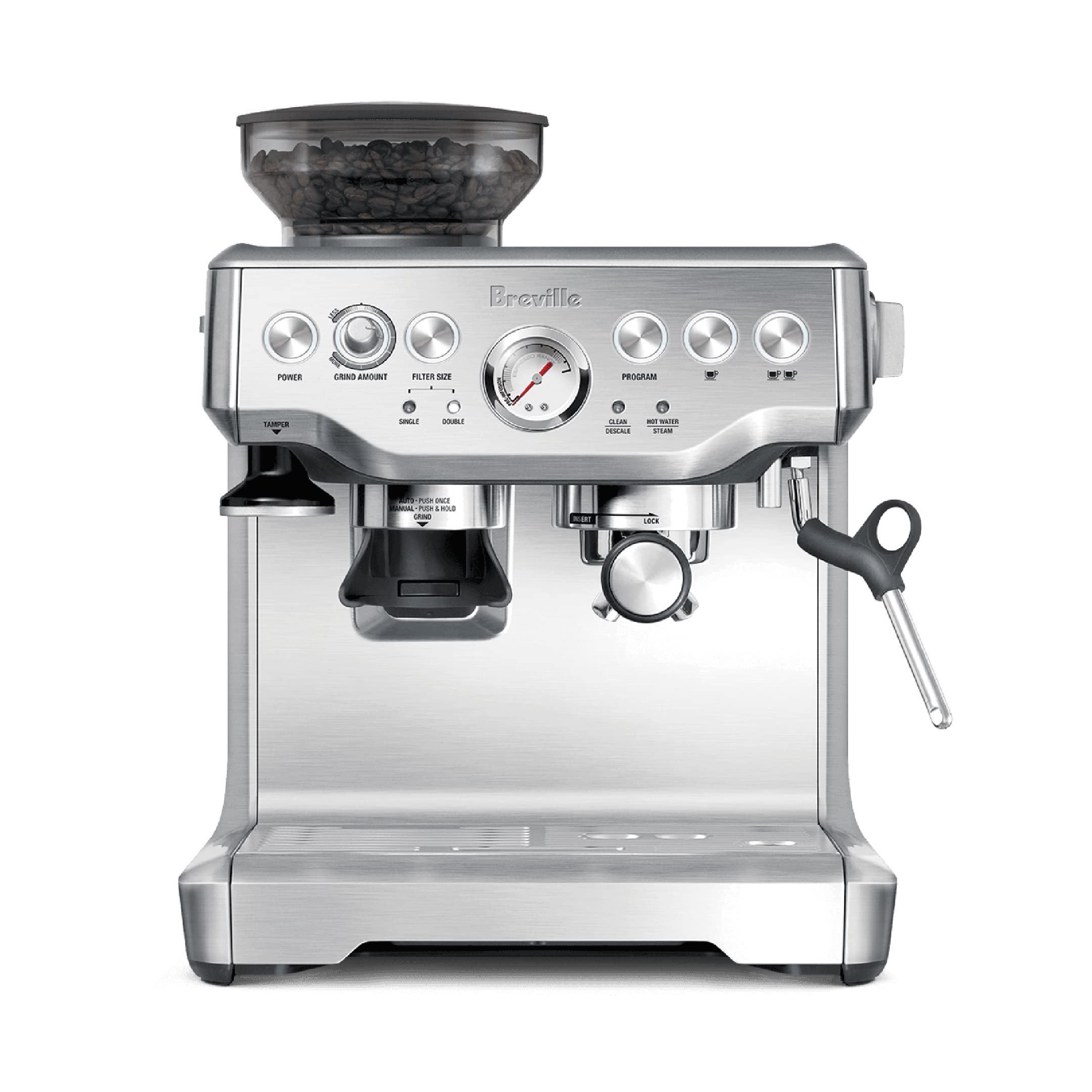 Breville front view showing stainless steel body and compact design benefit