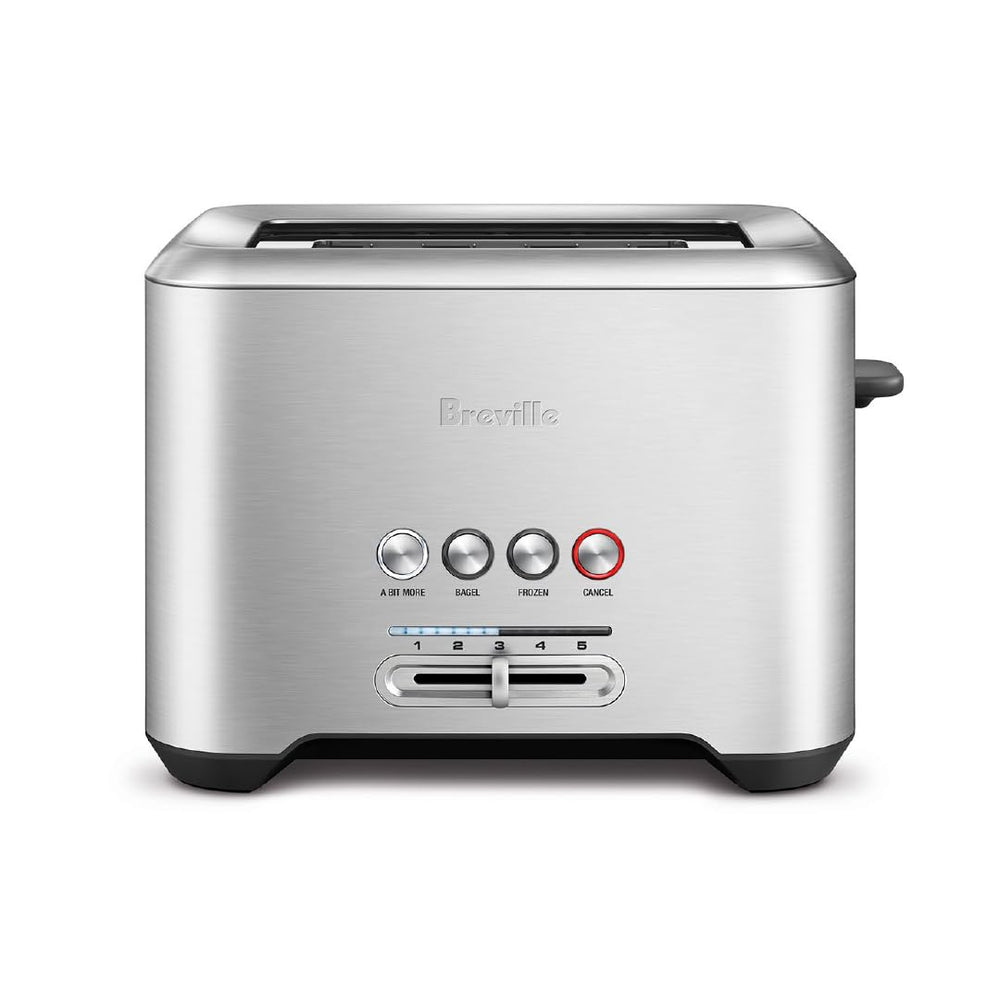 Breville toaster front view showing brushed stainless design and compact fit