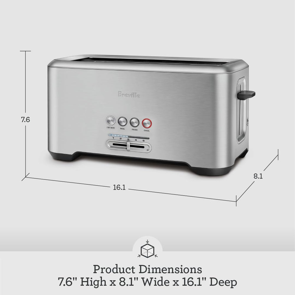 Breville toaster on kitchen counter illustrating four-slice capacity and compact countertop fit