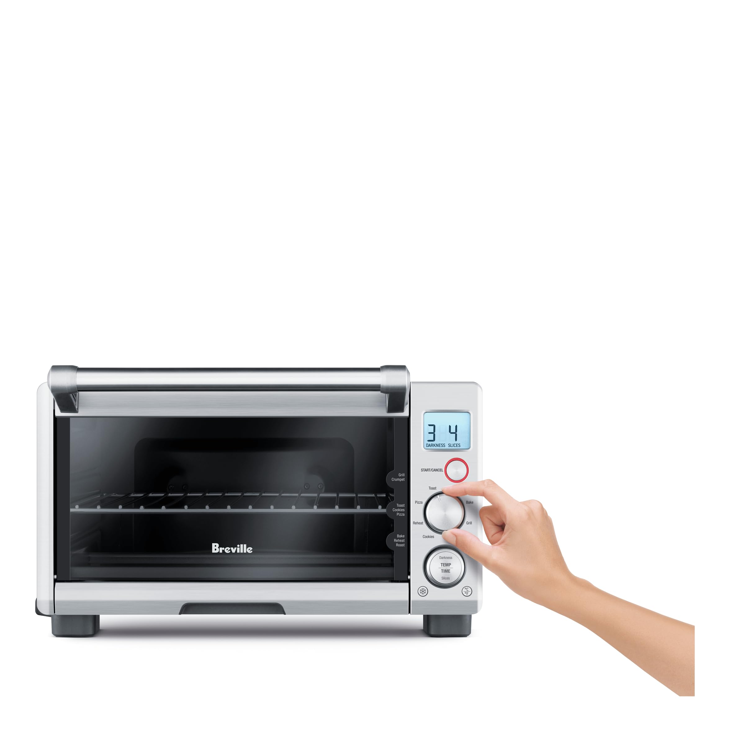 Breville control panel closeup showing dials and LCD for easy program and temperature adjustments