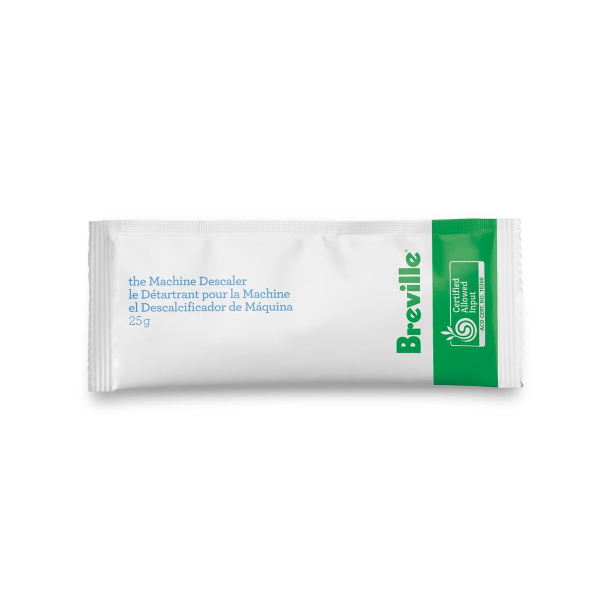 Breville descaler front pouch showing six sachets and clear labeling for easy maintenance