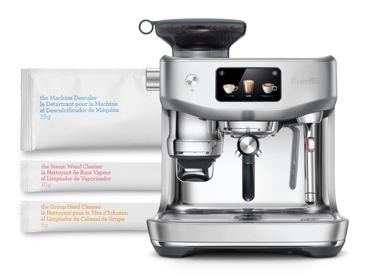 Breville descaler placed next to espresso machine indicating compatibility and upkeep benefit