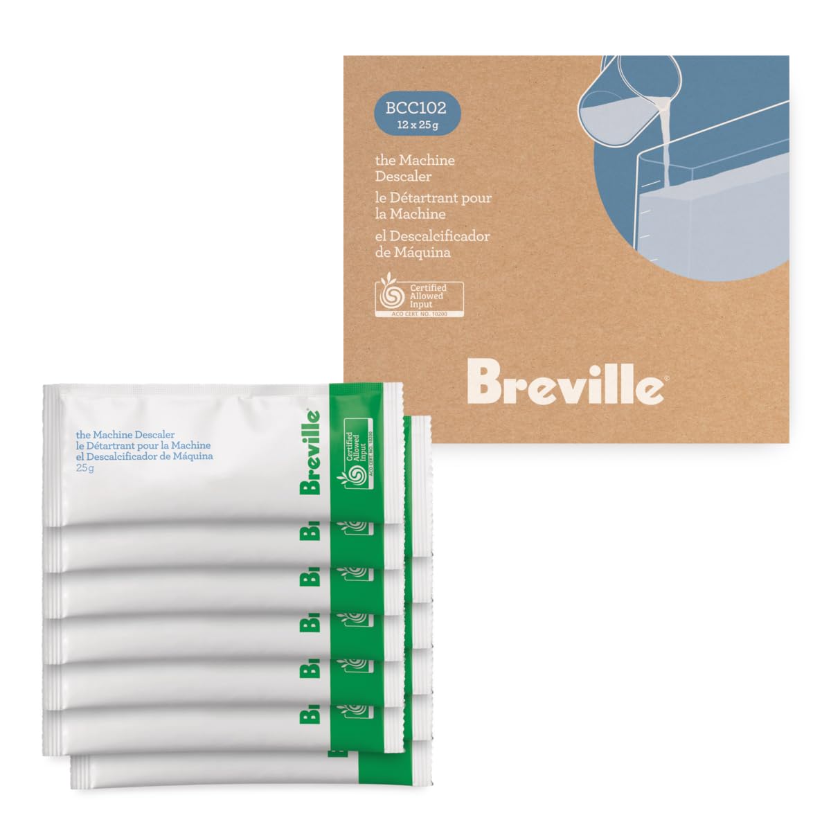 Breville sachet held in hand demonstrating convenient single-use and no-mess handling