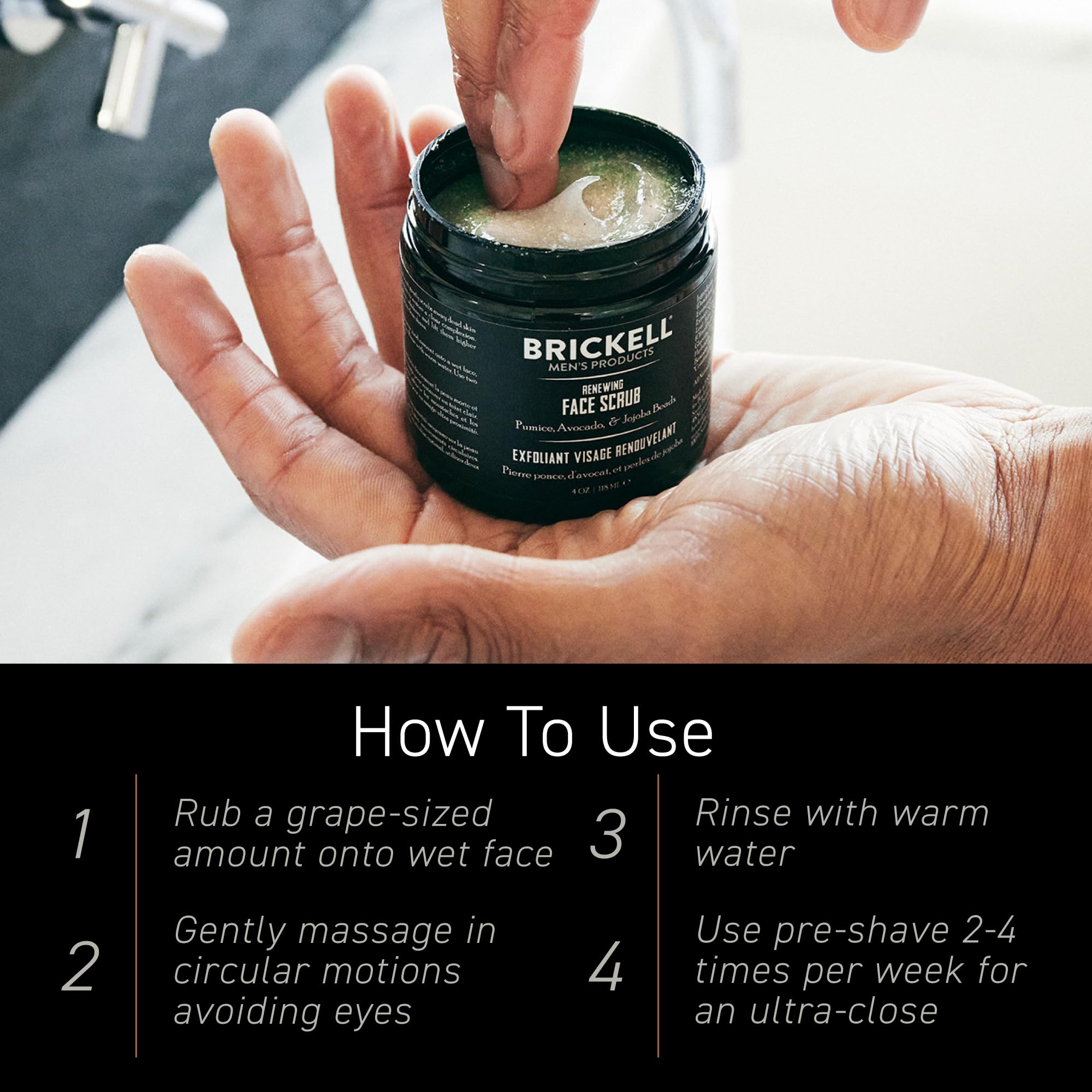 Brickell Men's Products ingredients label highlighting aloe, avocado butter, and vitamin E benefits