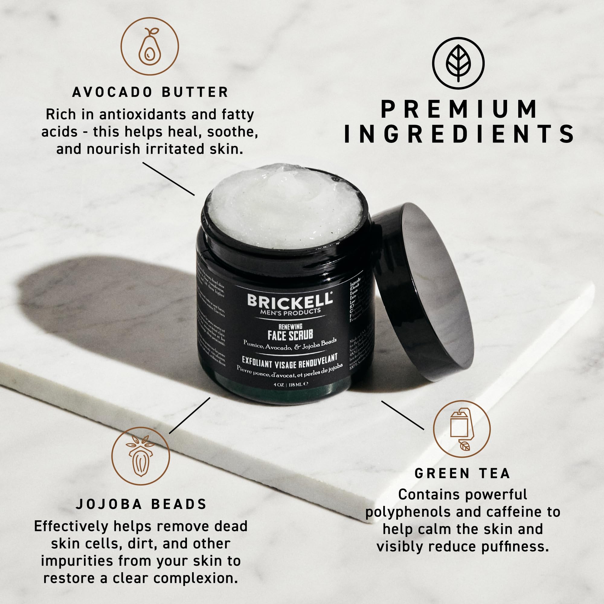 Brickell Men's Products close-up texture of scrub showing exfoliant particles and smoothness