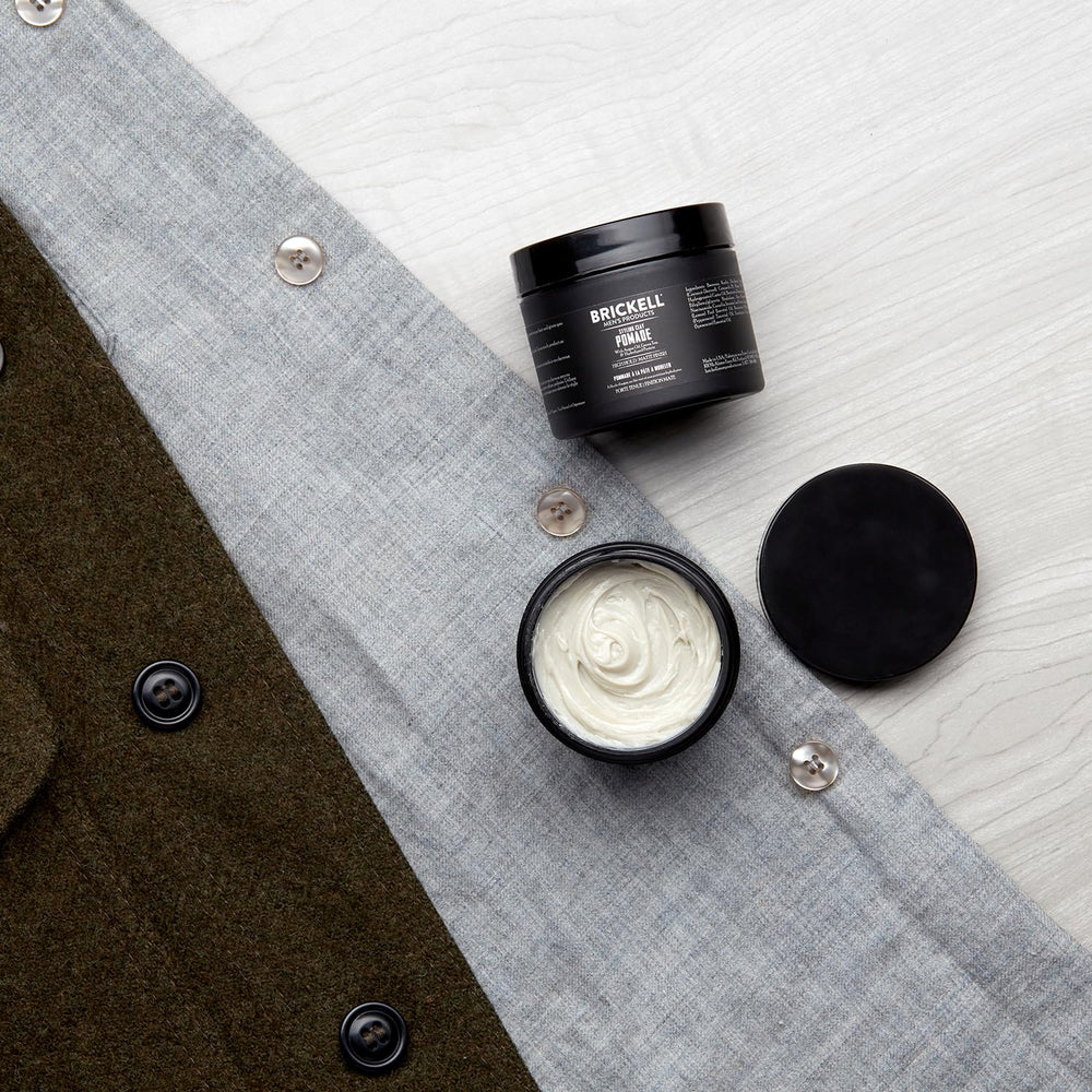 Brickell pomade clay texture close-up highlighting matte grip